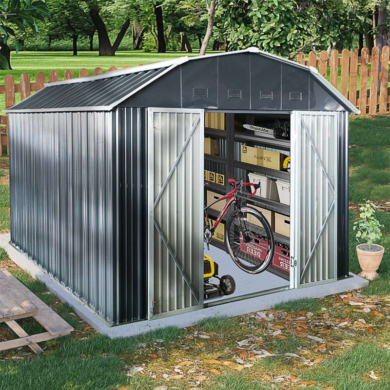 Remise de rangement extérieure en métal 10 pi x 12 pi avec toit en arche et portes verrouillables pour le jardin