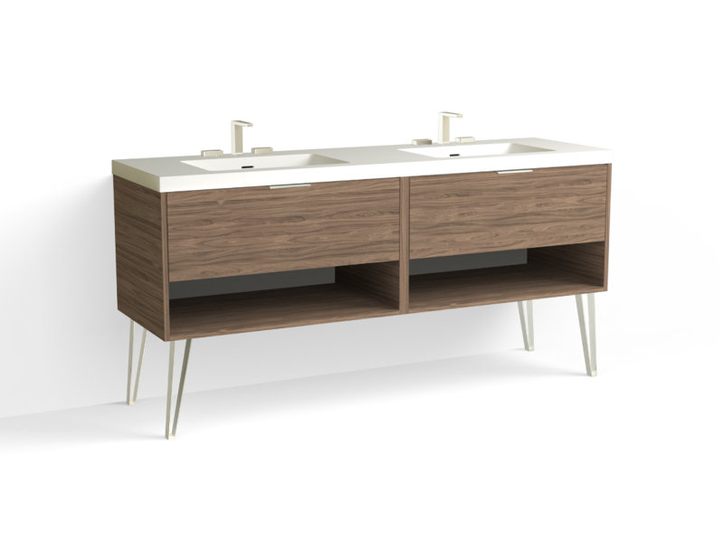 Modo 72" W Freestanding Double Bathroom Vanity with Dawson Leg, Glossy White/8" Widespread, Nocino, Satin Brass