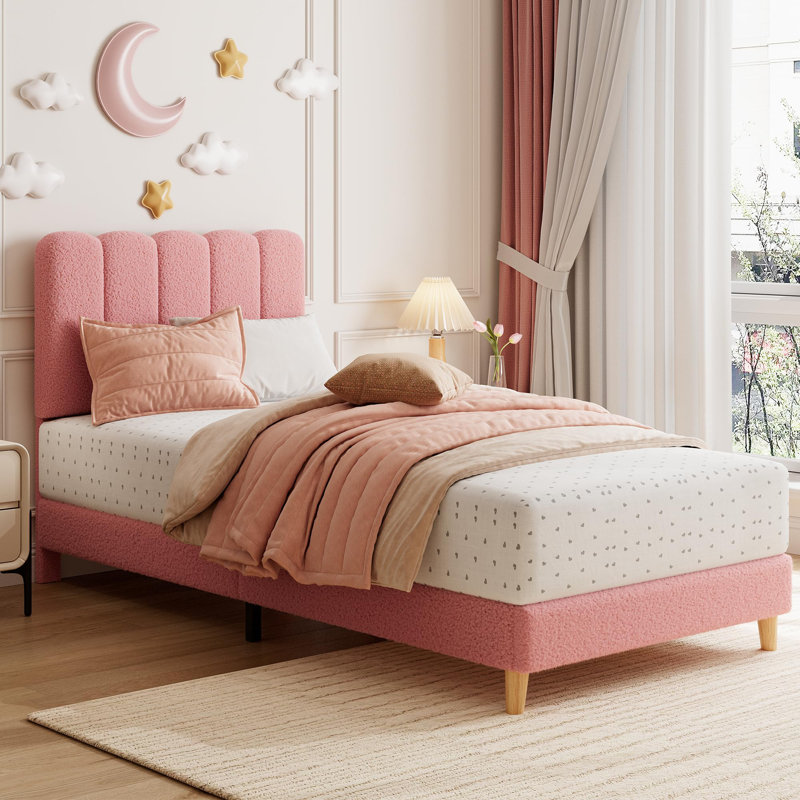Structure de lit simple, lit plateforme tapissier Boucle avec tête de lit Wave pour filles / enfants, aucun sommier nécessaire