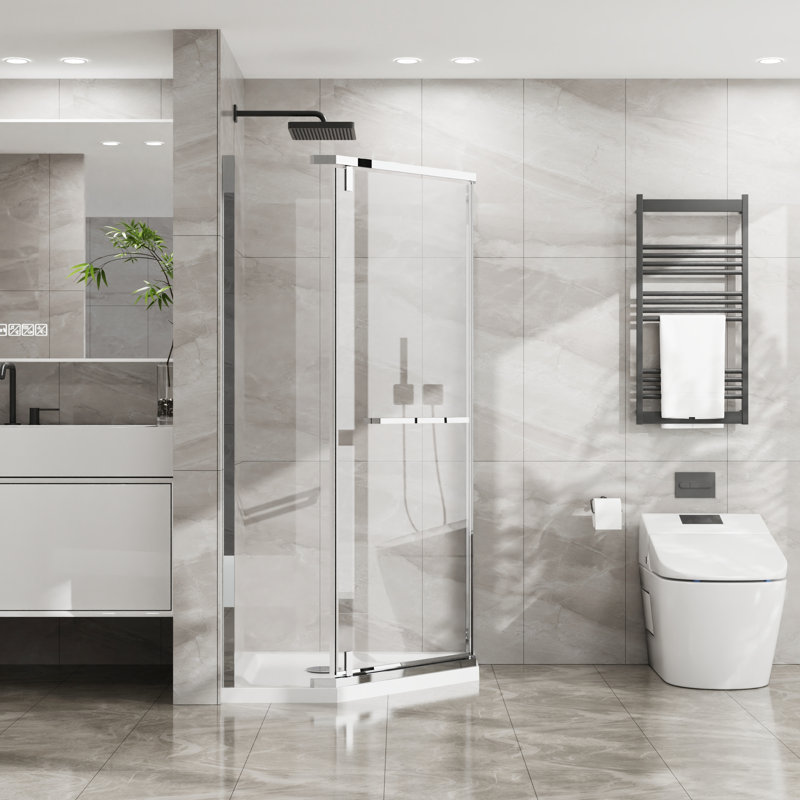 72" H -Angle Shower, 36" X 36", , 1/4" Tempered Glass, Space Efficient Shower Door, 36 In. In., Finish, Clear Tempered, Saving