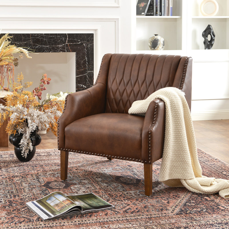 30.5'' W Top-grain Genuine Leather Upholstered Armchair, Coffee