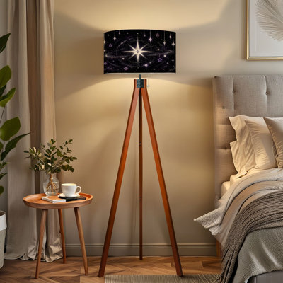 Tripod Standing Lamp Elegant Cosmic Starry Night Shimmering Galaxy Radiant Stars Remote Controlled Dimmable LED Floor Lamp with Beech Wood Legs & Deta