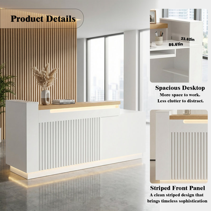 63" Modern L-Shaped Reception Desk With LED & Built-In Charging, White Front Checkout Counter For Salon, Retail, Office