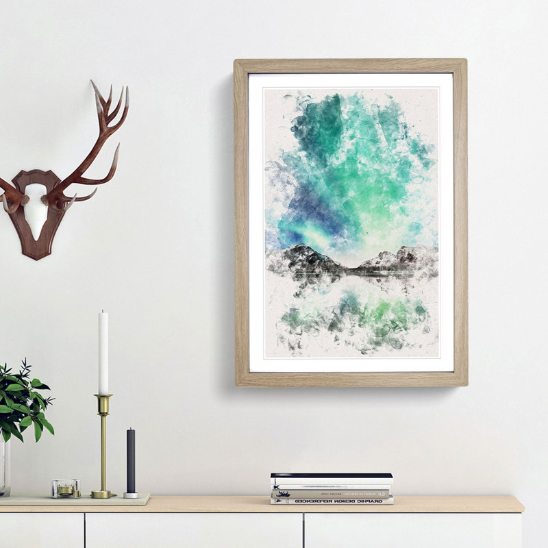 Northern Lights over Skagsanden Beach - Picture Frame Painting Print, 63cm H x 45cm W x 2cm D, Oak Framed