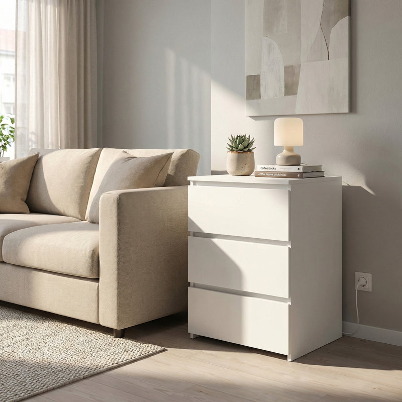 Arieyonna 26"H Nightstands with Outlets & USB Ports, 3 Drawers, White, White