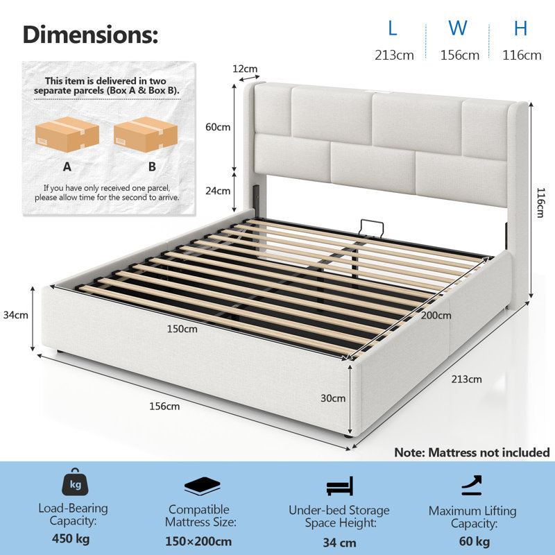 Ottoman Bed Frame with Hydraulic Lift-Up Storage, Charging Station and Height-Adjustable Headboard, Modern Linen Upholstered Bed with Under-Bed Storage Space