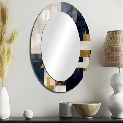 Formes dorées bleues harmonieuses - Miroir décoratif abstrait ovale sur métal