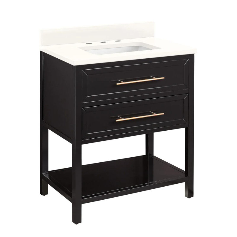 30" Robertson Single Bathroom Vanity Set with Rectangular Undermount Sink, 8" Widespread, Black, Feathered White Quartz