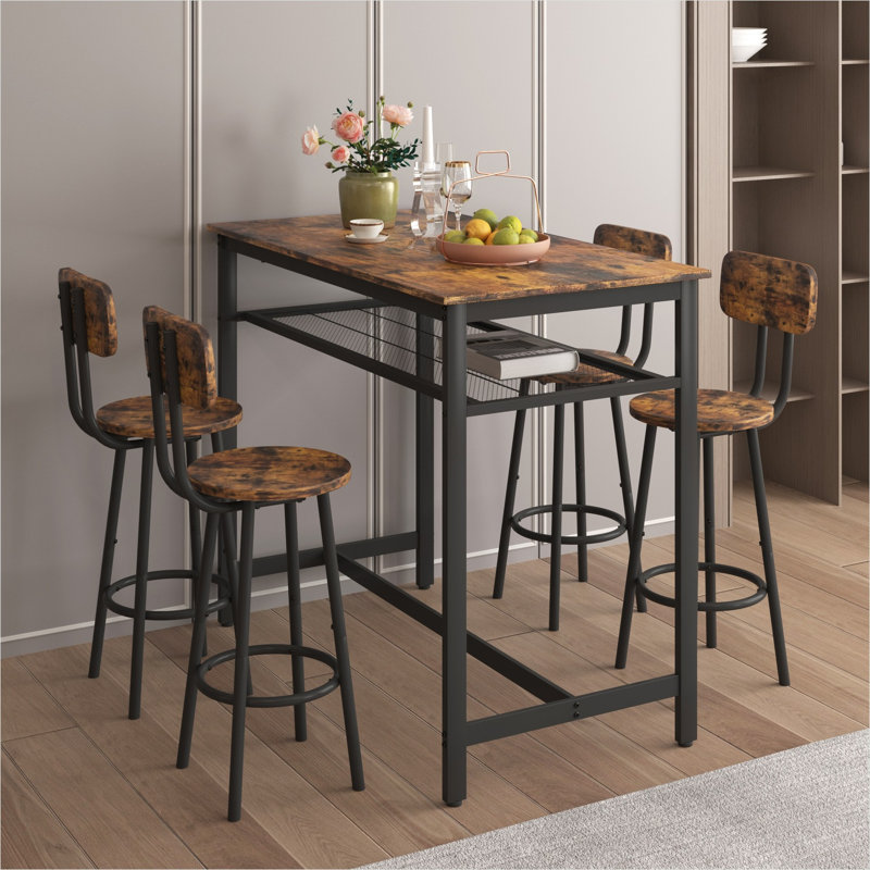 Ensemble de table de bar pour 4 personnes, ensemble de salle à manger à hauteur de comptoir compact avec rangement sous la table, brun chaud