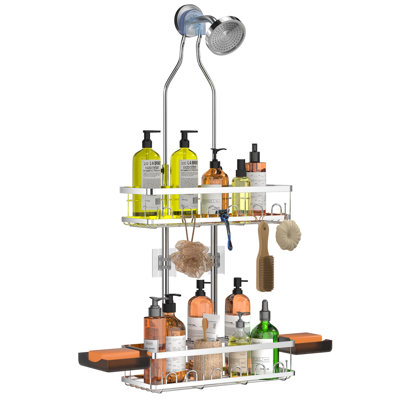 Pomme de douche suspendue au-dessus Caddy, réglable, argentée, convient aux grandes bouteilles jusqu'à 18 pouces; comprend 2 plateaux à savon