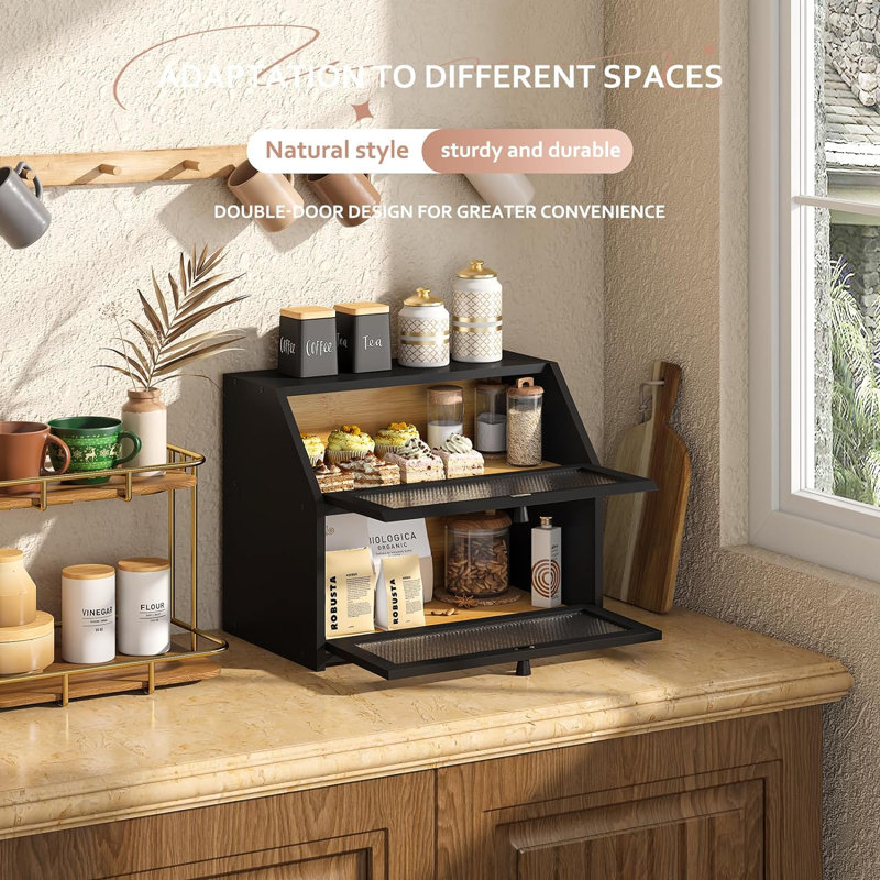Black Double Layer Farmhouse Bread Box with Diamond Pattern Windows