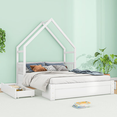 Grand lit plateforme en bois avec 2 tiroirs