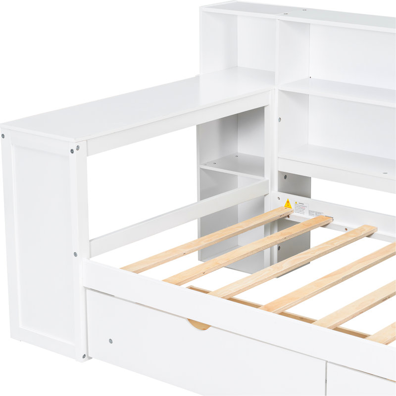 Twin Size Platform Bed In Wood, With Upholstered Headboard, Storage Shelves, Drawers, Charging Station, Led Lights And Table, White + Beige Wood - Sized Comfortable Head, Charging,