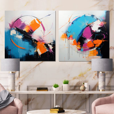 «Blue and Pink Paint Ink Expression I - Abstract Collages», ensemble de 2 impressions sur toile