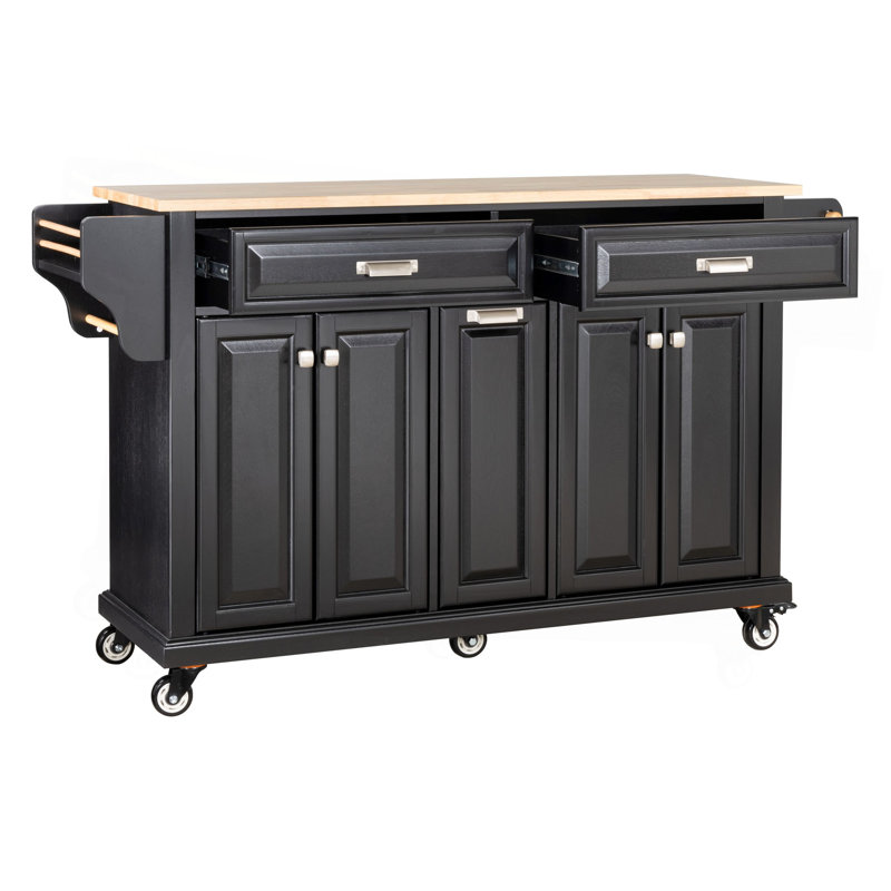 Kitchen Island With Rubber Wood Countertop, Kitchen Cart On 5 Wheels With Storage Cabinet And 2 Top Drawers And A Center Double Layered Storage Drawer For Dinning Room, Black