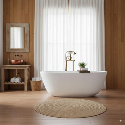 67″Solid Surface Matte Tub, Solid Surface Soaking Tub, Stone Resin Freestanding Bathtub, Thick Edge Stand Alone Tubs With Overflow, Pop-Up Drain, Matte White (Oval)