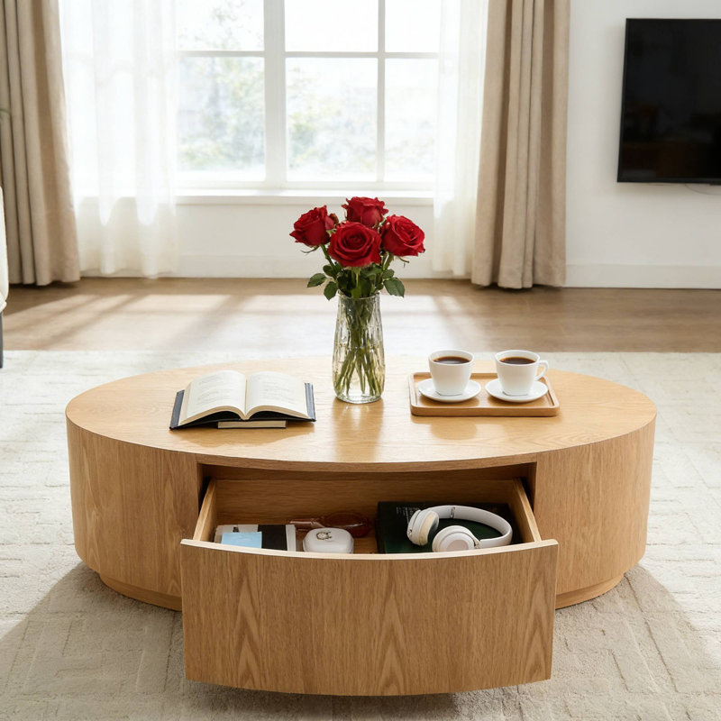 Table basse 47,24 "en panneau de fibres à densité moyenne, table centrale ovale naturelle avec tiroir pour salle familiale