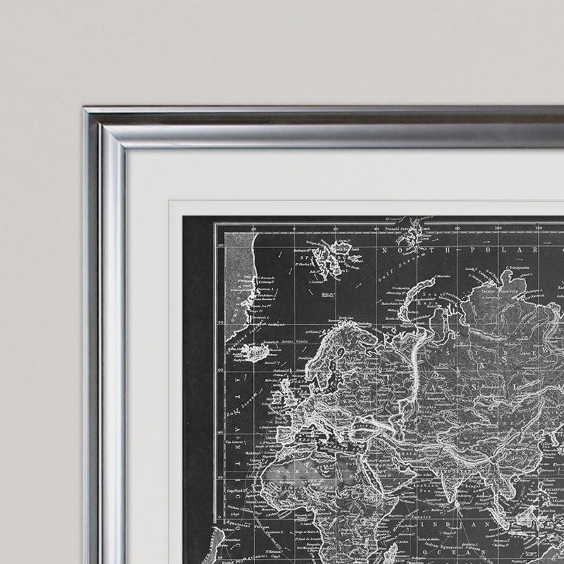 «Vintage World Map VI», reproduction d'art graphique encadrée, Argent, H 20 po x l 24 po x P 1,5 po