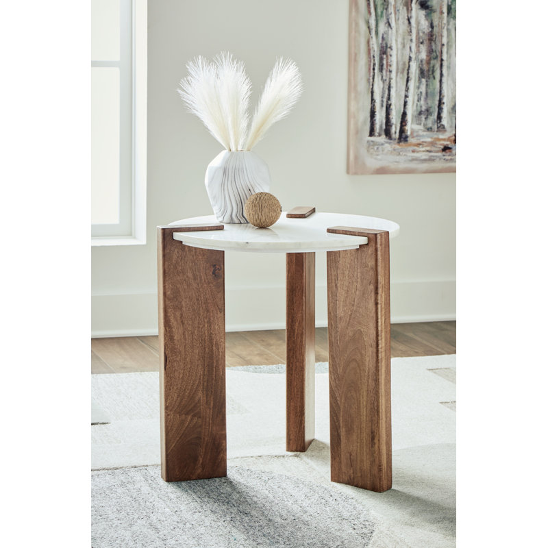 Round White Marble and Brown Wood End Table