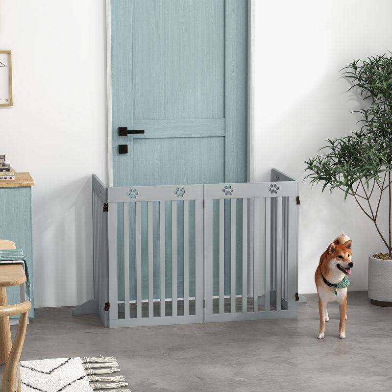 Tucker Murphy Pet™ 80" Extra Wide Freestanding Pet Gate Dog Barrier Folding Safety Fence With 4 Panel Support Feet For Doorway Stairs Light Grey
