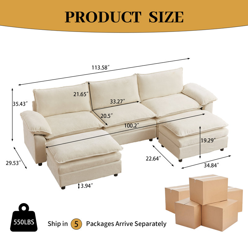 Canapé 113,58 "en chenille rembourré, canapé Cloud avec 2 repose-pieds, Chenille beige