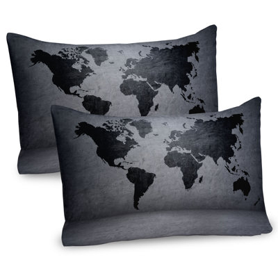 Ambesonne Dark Grey Pillow Sham 2 Pack World Map on Wall 30""x20"" Grey Black -  pil-2_50493_30x20