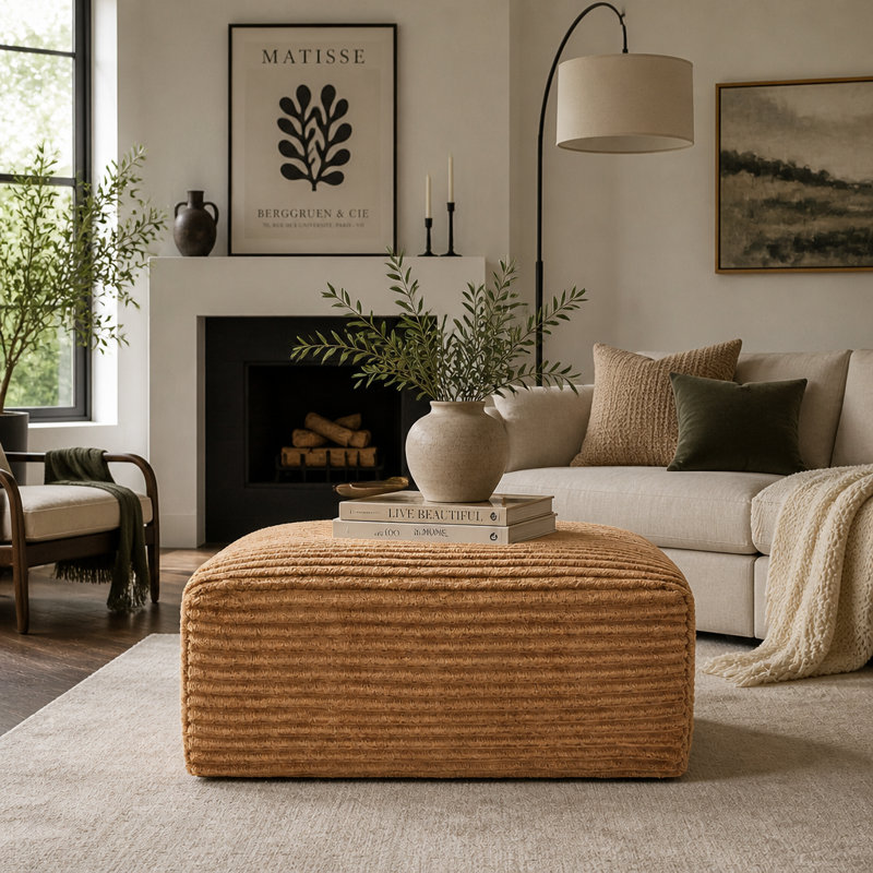 Repose-pieds en velours côtelé avec coussin à ressorts et poche latérale