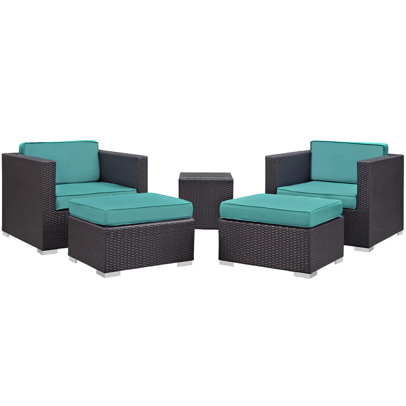 Modway Convene Wicker Rattan 5-Piece Outdoor Patio Furniture Set in Espresso, Turquoise