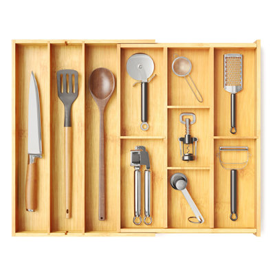 Organisateur de tiroir à ustensiles en bambou avec étiquettes, organisateur de support de plateau extensible pour l'argenterie de cuisine (naturel)