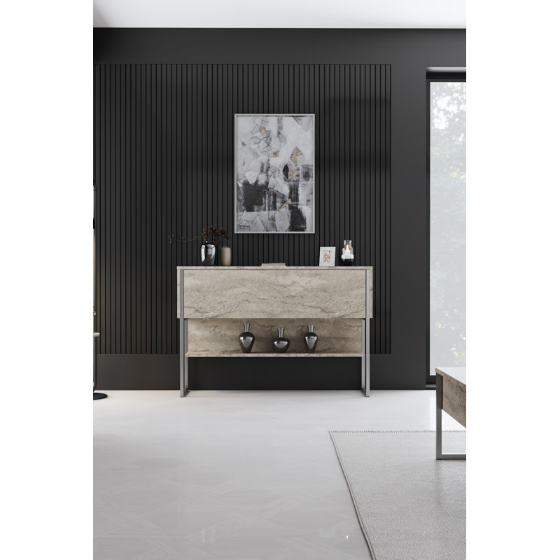 Modern Dresser with Metal Legs, Travertine & Silver Finish, 47.2 x 31.5 x 11.8 inches | 100% Melamine Coated Particle Board, Thickness: 0.7 inches | Industrial Design, Perfect for Stylish Bedrooms & Storage Solutions