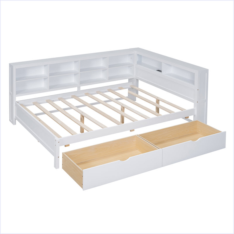 Lit de jour avec tablette de rangement et ports de chargement USB, Blanc, Lit double