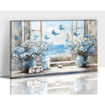  Flower Canvas Wall Art, Rustic Country Floral Prints, Soft Blue Flower Pictures, Vintage Butterfly Botanical Painting, Serene Window View Artwork Decor for Bathroom Bedroom Living Room, 12x18 inches