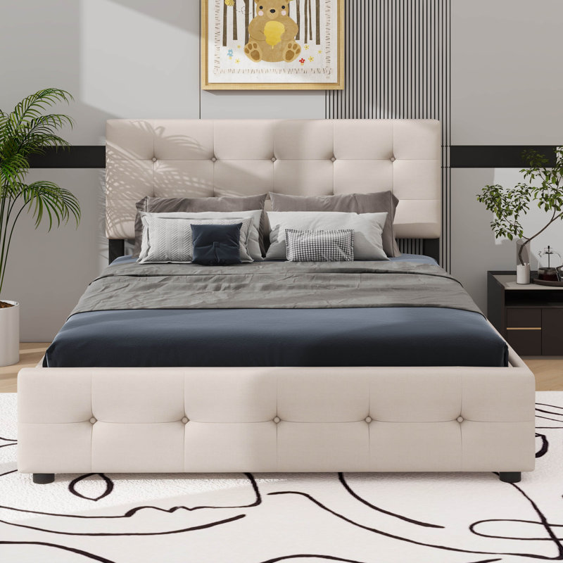 Grand lit plateforme tapissier avec deux tiroirs et un lit gigogne coulissant, Beige foncé