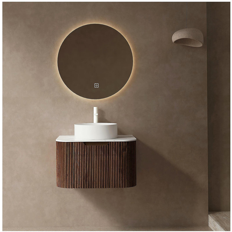 Meuble-lavabo de salle de bain 24 po avec lavabo, meuble de rangement mural à bordures courbées et flottantes avec tiroir, lavabo rond en céramique blanc sans robinet, pré-assemblé, couleur grain de bois Natura
