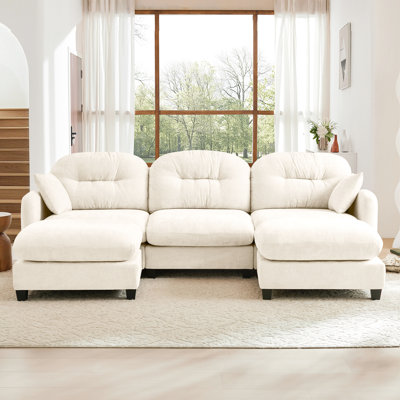 Canapé modulaire beige à 2 places nuage, chenille, dossier plissé, mousse haute densité, facile à installer et mobile pour chambre à coucher modulaire beige, tissu chenille, conception ergonomique courbée, coussins décoratifs