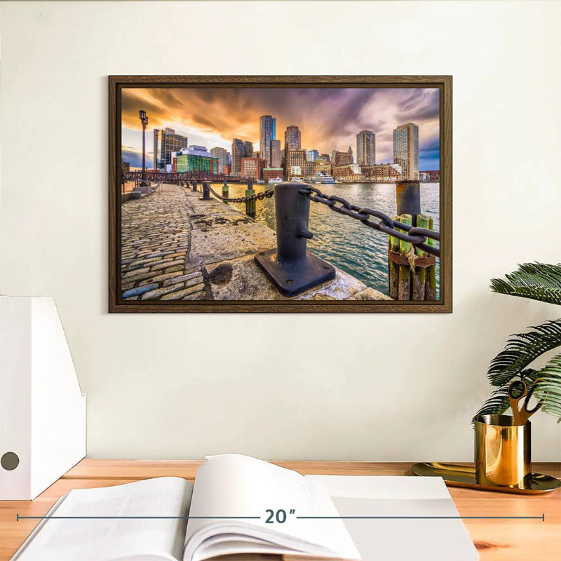Port de Boston, Massachusetts, 13 po x 9 po, Cadre flottant noyer