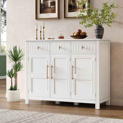 Henrick Transitional Acacia Wood Storage Cabinet With 3 Drawers, 3 Doors, And Modern Glam Hardware Accents