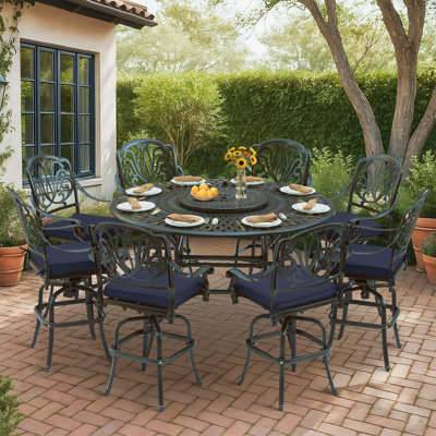  10-Piece Outdoor Bar Set, All Weather Cast Aluminum Patio Bar Furniture With 8 Cushioned Swivel Bar Stools, Large 60.98" Round Patio Bar Height Table With Detachable Lazy Susan, Umbrella Hole