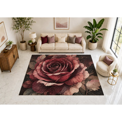 Tapis d'intérieur « Ultra Fin » 152 x 213 cm à motif de roses éclatantes, doux et à poils courts, avec envers antidérapant en silicone, idéal pour le salon, la chambre à coucher, la salle à manger et le bureau.