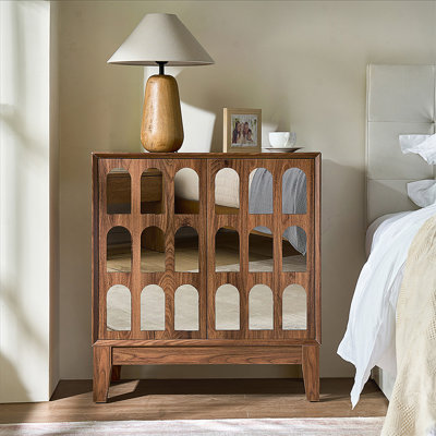 Armoire à double porte avec miroir, tablettes amovibles et pieds en bois massif