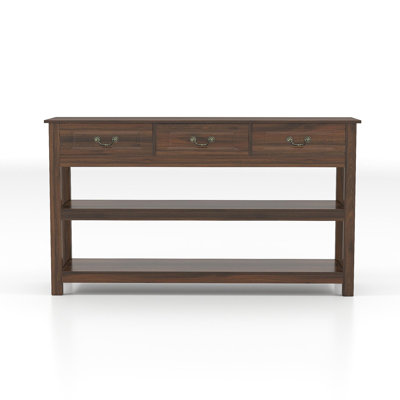 63 Inch Wood Console Table with 3 Drawers, Exquisite Recessed Molded MDF Drawer Fronts with Vintage Antique Metal Handles, 2 Open Storage Shelves, Thick 2.2'×1.4' Legs, Rustic Sofa Table Entryway Side