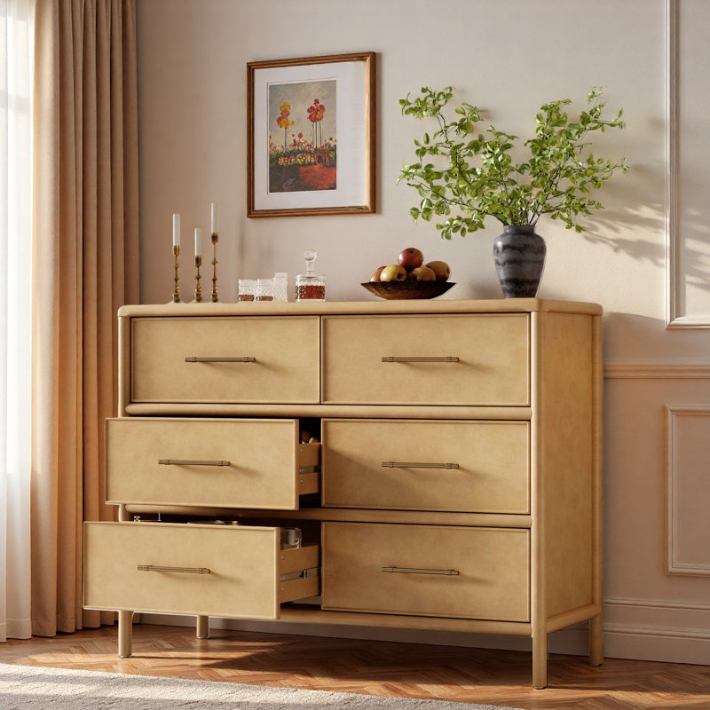 Commode avec 6 tiroirs et poignées dorées, Naturel