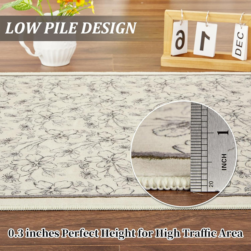 2x6 Washable Boho Floral Runner, Non-Slip, Low Pile, Soft Throw Rug for Entryway, Kitchen, Kids Room, Beige, Green, Blue, Small Machine Washable.