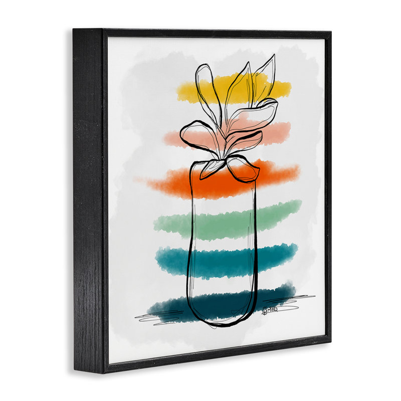 Plante avec des rayures colorées, estampe numérique, design par Beki Marquardt, 17" H x 17" W, Giclée encadrée noir minuit