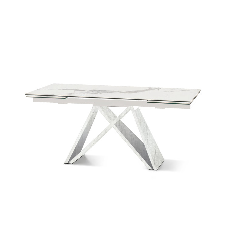 Arianie 90 cm Extendable Rectangular Glass Top and Stone Top Dining Table, Carrara Marble, Country White