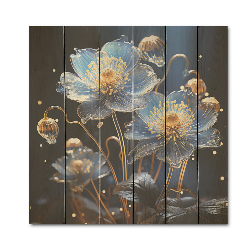Celestial Floral Harmony I - Violets, panneau mural en bois sur bois de pin naturel, H 25 po x l 25 po
