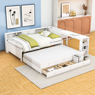 L-Shaped Daybed with Twin Trundle Bed and Desk,Drawers