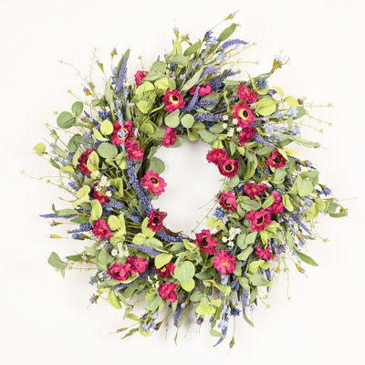 24" Artificial Farmhouse Greenery Eucalyptus Blossom Cluster Berry Lavender Daisy Spring Summer Front Door Wreath