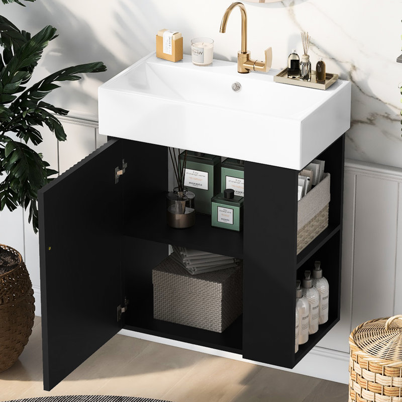 Meuble-lavabo de salle de bain 21,6 po - Lavabo en céramique, rangement sur le côté droit, armoire contemporaine peinte en noir avec apparence de style moderne