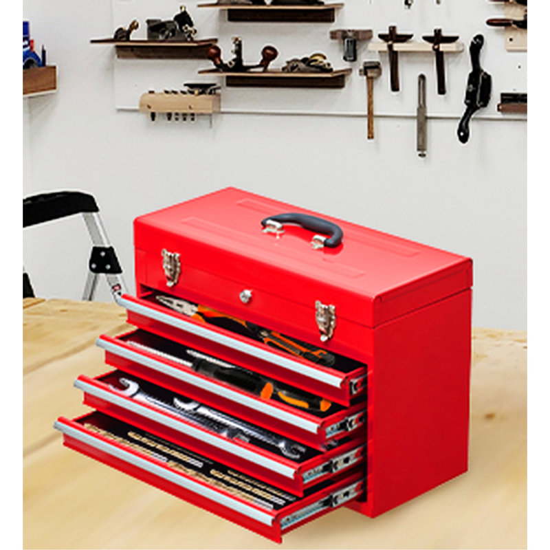 Boîte à outils 4 en métal portable - Fabrication en acier de qualité, finition rouge, pour divers espaces de travail Boîte à outils avec 4 tiroirs en acier, thermolaqué, serrure sécurisée, garage et entrepôt